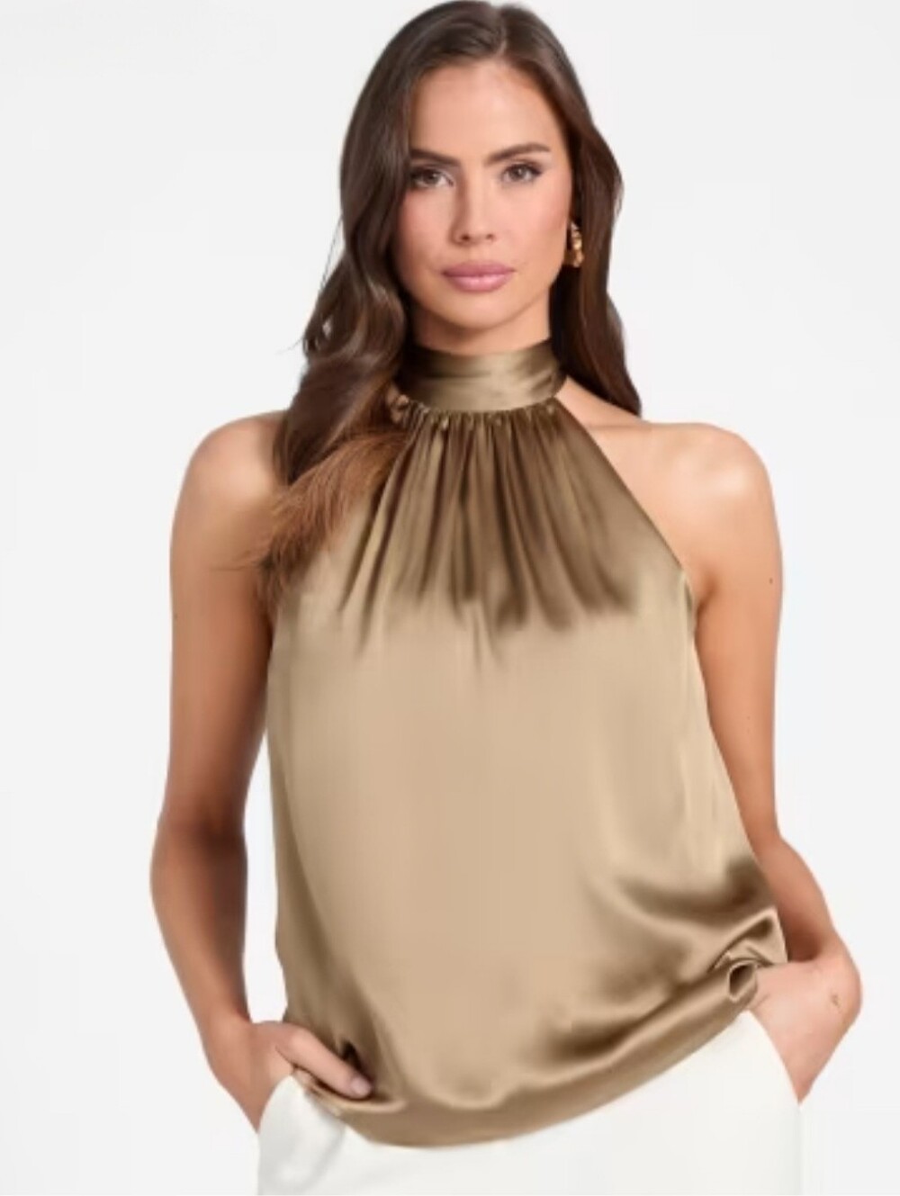 Alex Evenings Satin Halter Tie-Hem Camisole  Gold. Medium Wedding Guest Summer